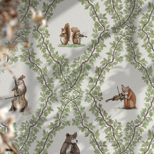 Patterned wallpaper with woodland animals playing instruments with green leaves trellis on a white background