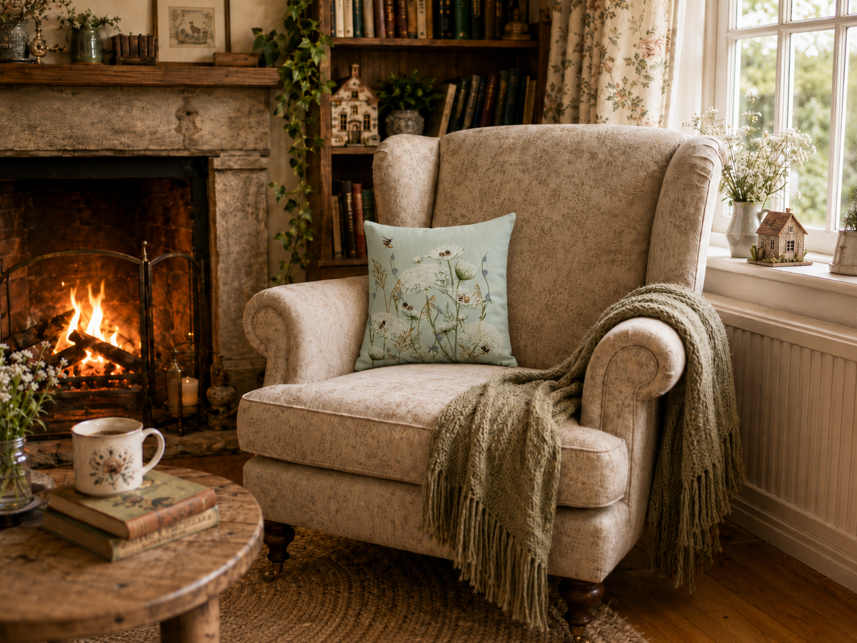 A cozy living room scene featuring a beige upholstered armchair with a light blue floral throw pillow and a knitted green throw blanket. The chair is positioned next to a burning fireplace and a window with curtains, with a small wooden table holding a mug in the foreground.