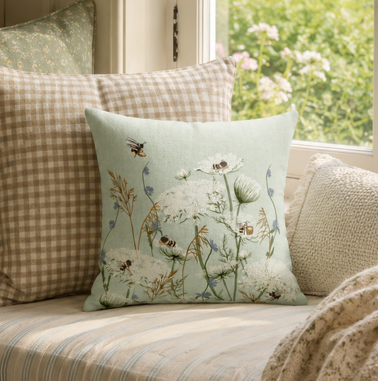 A cozy window seat with three decorative throw pillows in sage green, beige gingham, and light blue floral print, styled with a cream striped cushion, a knitted throw blanket, and a rustic side table with books and a vase of flowers.