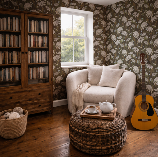 Cozy sitting room with armchair, bookshelf, and guitar against floral dark brown wallpaper.