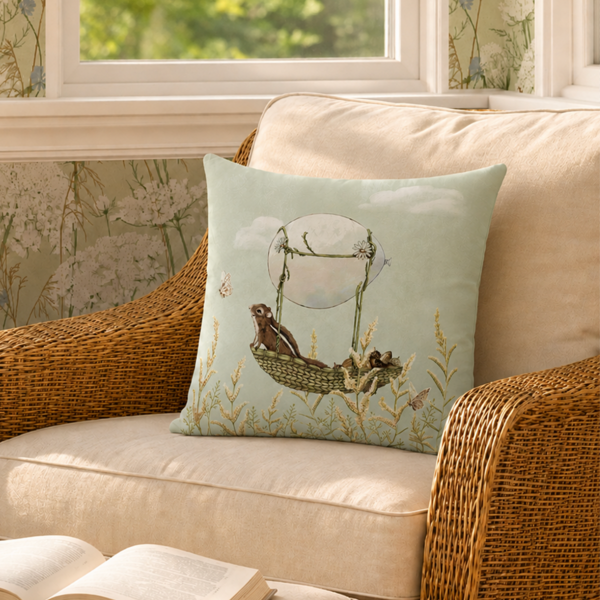 A square decorative throw pillow with a whimsical illustration of a chipmunk in a basket under a hot air balloon, resting on a cream-colored armchair in a cozy room setting.
