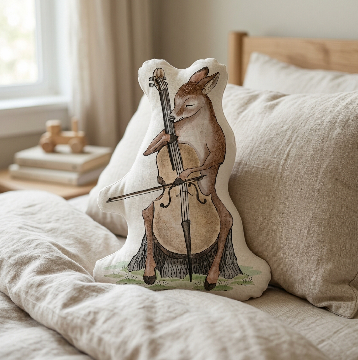 Deer Playing Cello Shaped Pillow