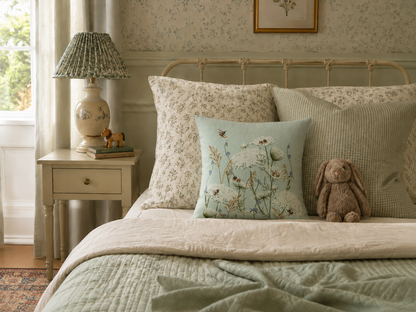 A styled bedroom scene showing a bed with cream bedding, patterned pillows, a light blue floral accent pillow, and a brown plush bunny. A matching bedside table with a lamp and small figurines sits beside the bed.