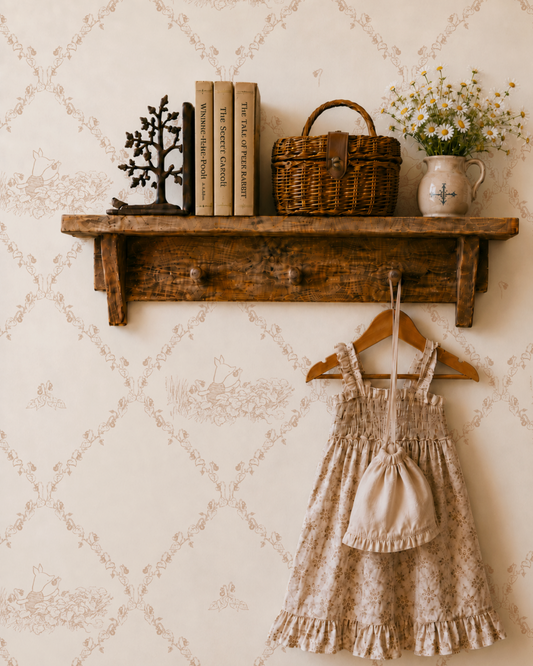 Vintage shelf with books, basket, and vase against a patterned wallpaper with Piglet from Winnie-the-Pooh with a child's dress hanging below.