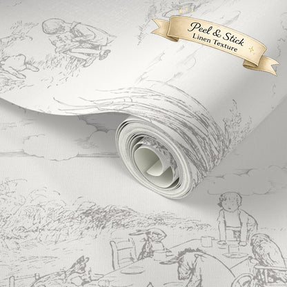 Roll of peel and stick wallpaper with linen texture and illustrations on a white background