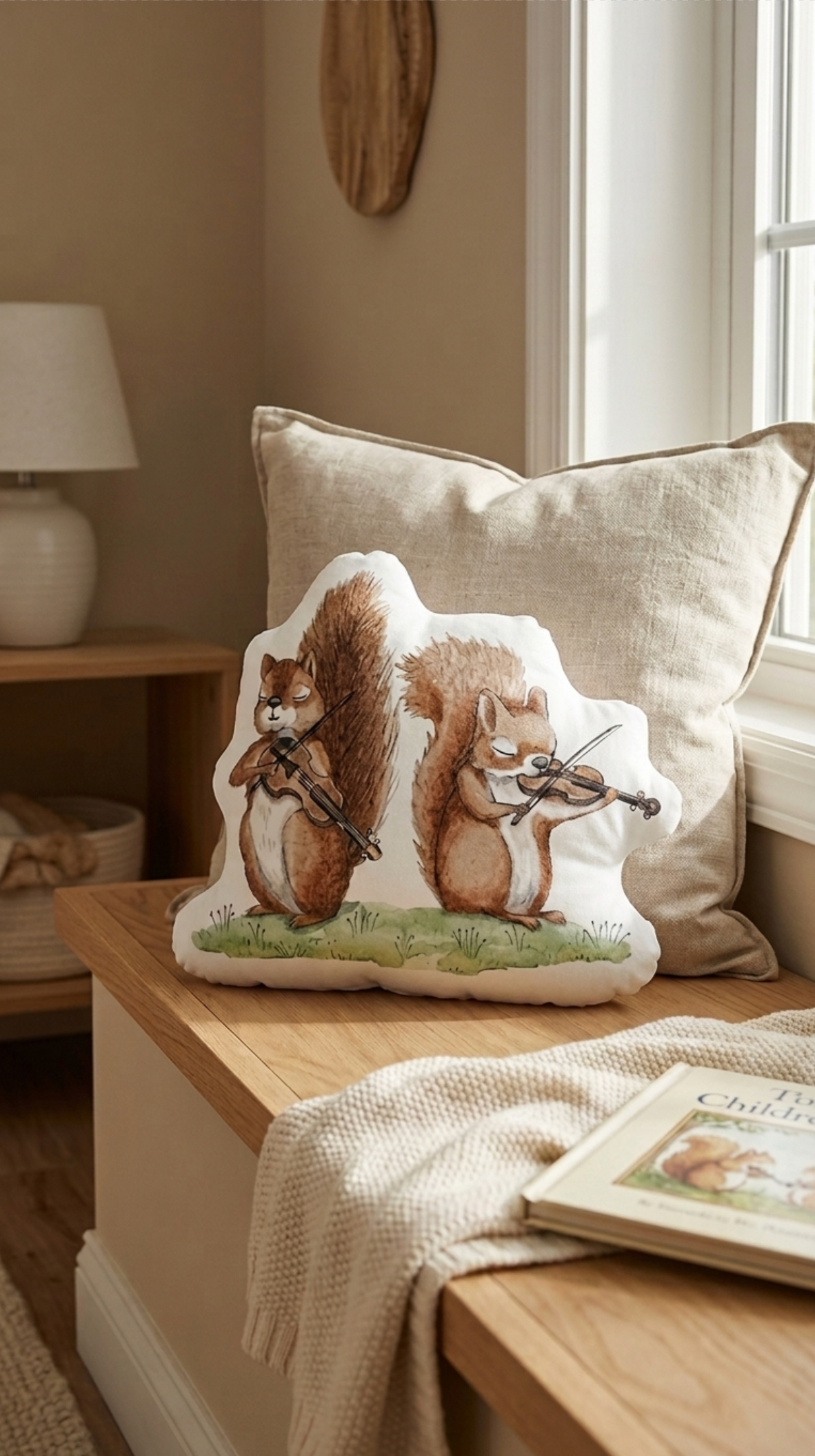 A decorative throw pillow featuring two illustrated squirrels playing violins, styled on a wooden bench in a softly lit room with a neutral throw blanket and another pillow behind it.