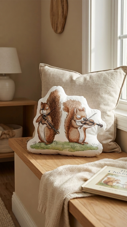 A decorative throw pillow featuring two illustrated squirrels playing violins, styled on a wooden bench in a softly lit room with a neutral throw blanket and another pillow behind it.