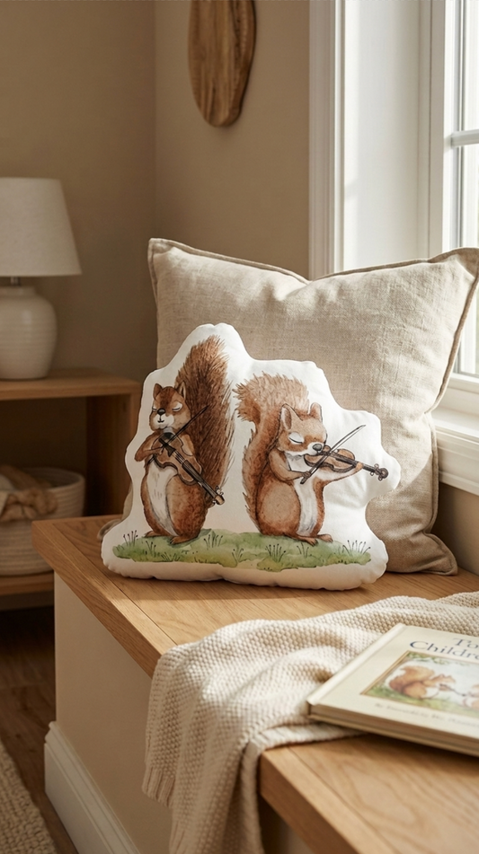 A decorative throw pillow featuring two illustrated squirrels playing violins, styled on a wooden bench in a softly lit room with a neutral throw blanket and another pillow behind it.