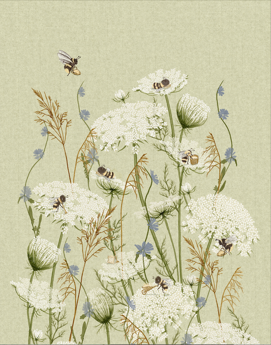 A botanical illustration featuring white flowers, green stems, and several bees on a pale sage green textured background.