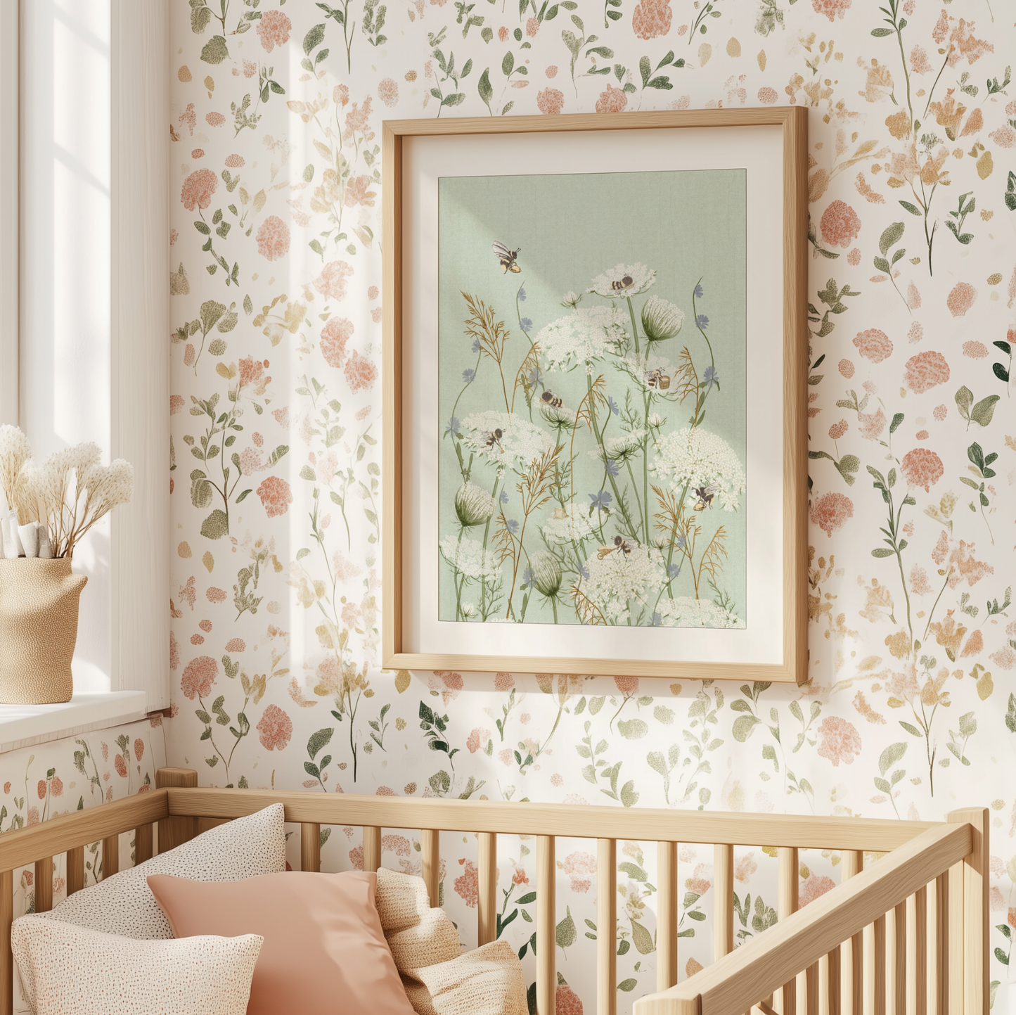 A framed botanical art print with white flowers and a small bee on a pale green background, hung on a floral wallpapered wall above a light wood crib in a softly lit nursery.