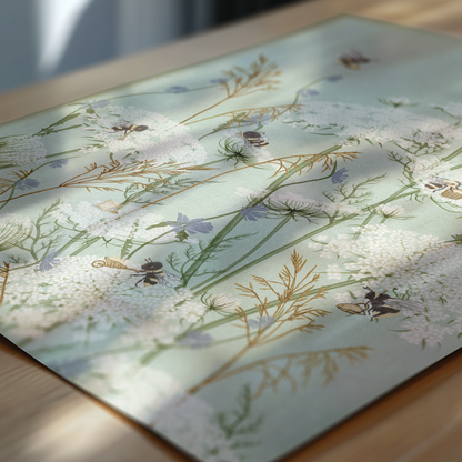 A rectangular art print with a botanical and bee pattern, featuring white wildflowers, green stems, and bees on a pale mint background, styled on a wooden table with dappled sunlight.