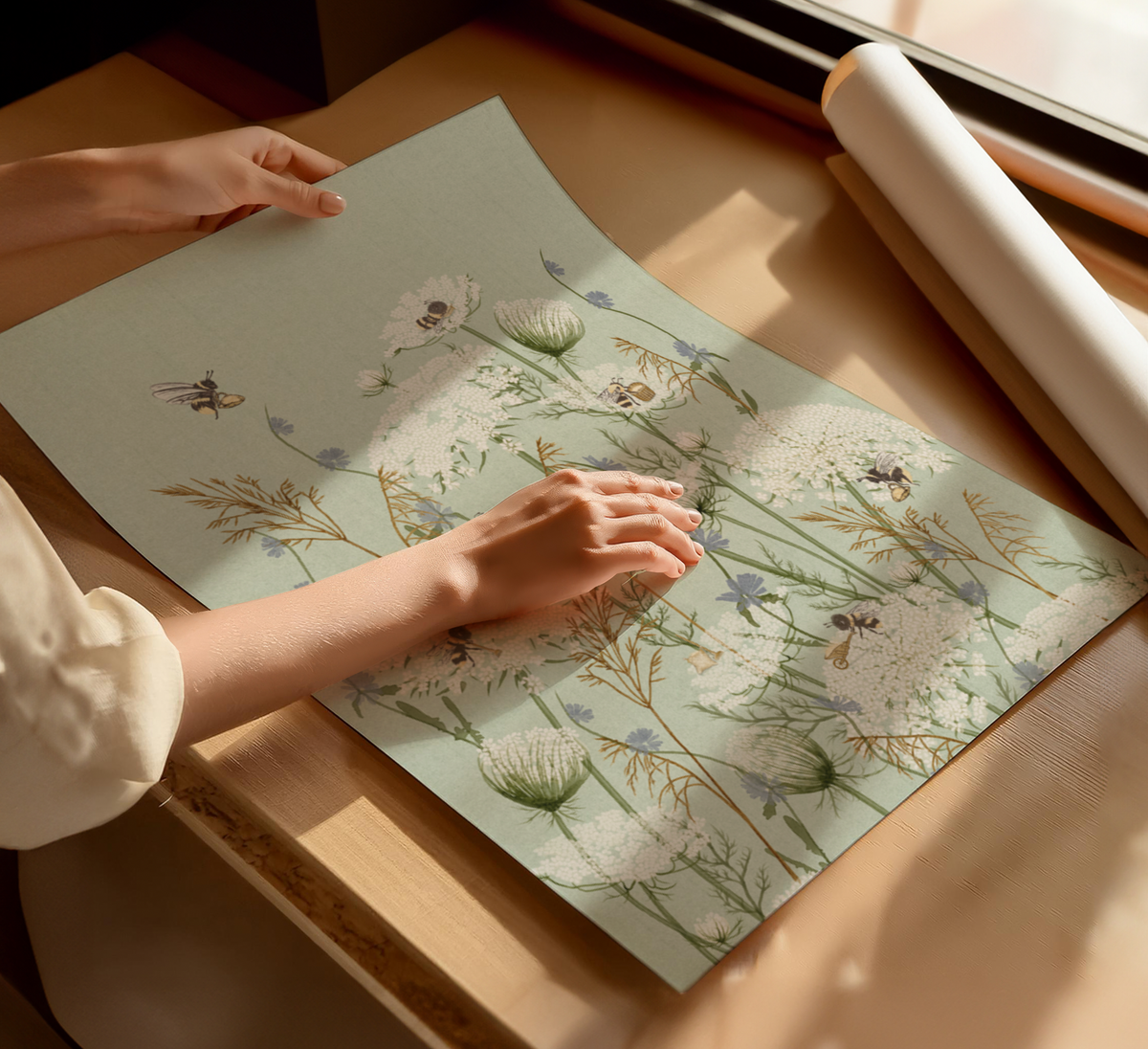 A person's hands are shown unrolling a large sheet of botanical wall art or wallpaper featuring delicate white flowers, green stems, and small bees on a pale blue-green background, set on a warm wooden table.