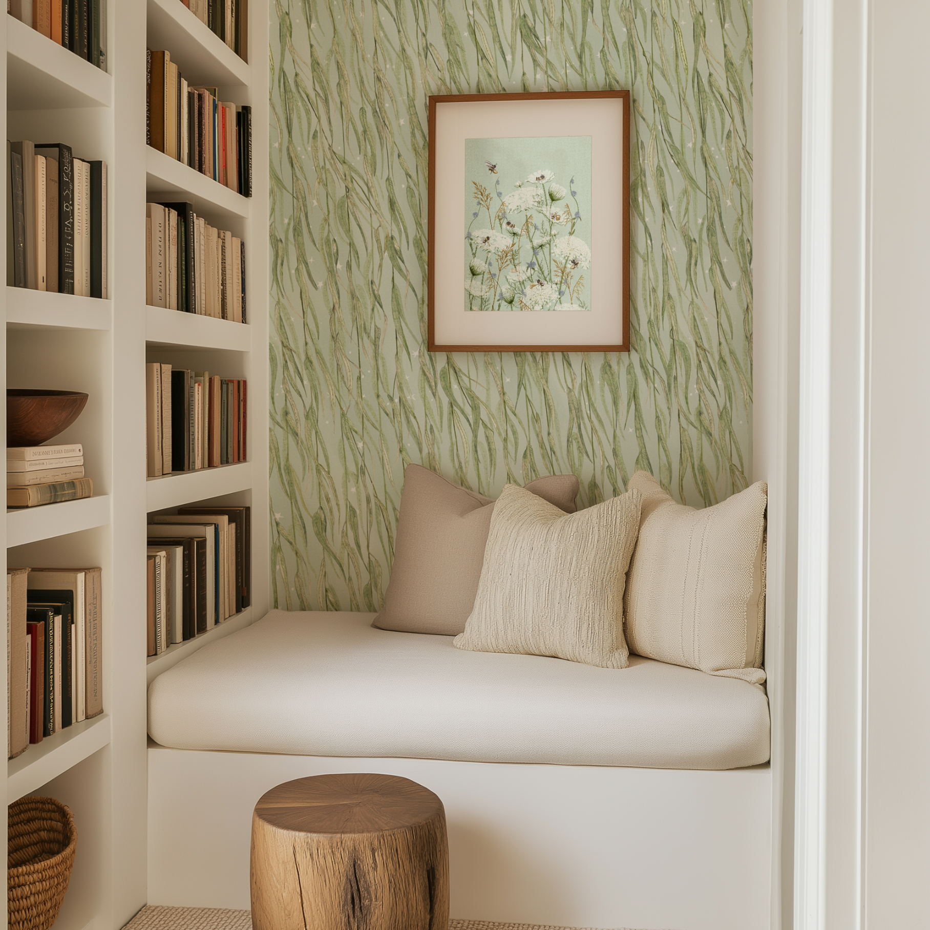 A cozy built-in window seat with cream cushions and textured pillows, set against a green leaf-patterned wallpaper and flanked by white built-in bookshelves. A small round wooden stool sits in front, and a framed floral print hangs on the wall above.
