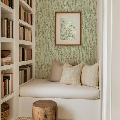 A cozy built-in window seat with cream cushions and textured pillows, set against a green leaf-patterned wallpaper and flanked by white built-in bookshelves. A small round wooden stool sits in front, and a framed floral print hangs on the wall above.