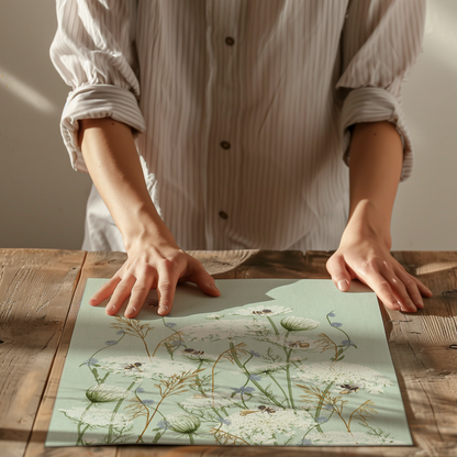A person wearing a light beige striped button-up shirt places both hands on a square art print featuring a delicate wildflower pattern in soft sage green, white, and tan tones, set on a rustic wooden table.