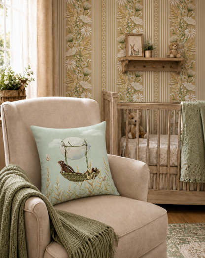 A styled nursery interior with a beige armchair holding a square throw pillow printed with a chipmunk and hot air balloon illustration, next to a wooden crib with a teddy bear and patterned wallpaper.