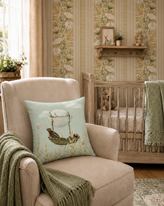 A styled nursery interior with a beige armchair holding a square throw pillow printed with a chipmunk and hot air balloon illustration, next to a wooden crib with a teddy bear and patterned wallpaper.