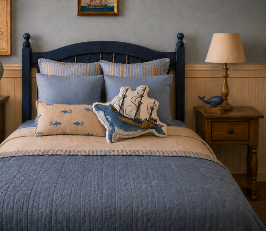 A styled bedroom scene showing a bed made up with blue bedding, striped pillows, a whale-shaped throw pillow, and a navy wooden headboard. A bedside lamp sits on a wooden nightstand against a blue-gray wall with wainscoting.