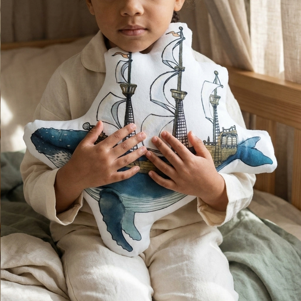 A child wearing a beige linen outfit holds a white plush pillow featuring a blue whale and pirate ship illustration.