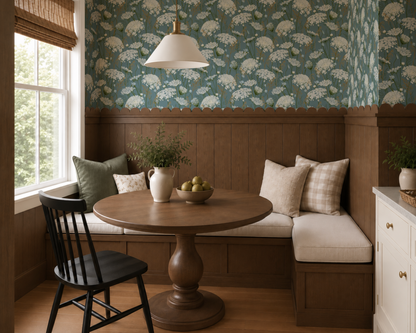 Wildflower Meadow Wall Paper in teal in a breakfast nook with wainscoting and a scalloped trim. 