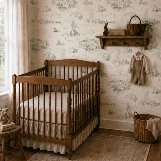 Nursery room with wooden crib, wallpapered wall, and decorative items.