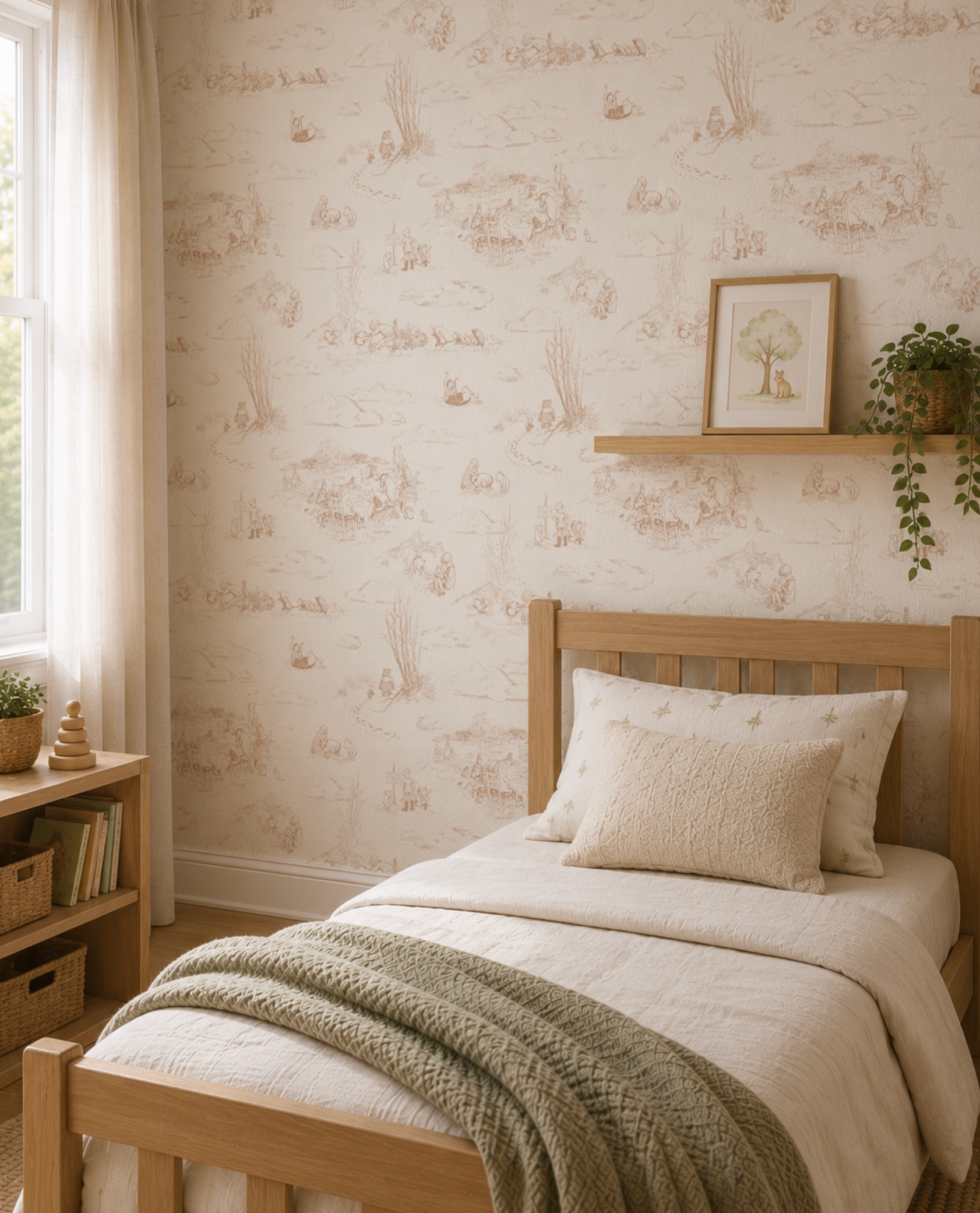 A young calm and traditional child's room with Winnie-the-pooh wallpaper in honey beige