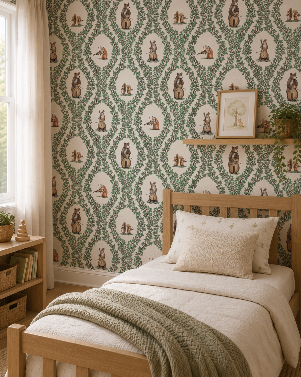 A young child's traditional and whimsical  forest themed bedroom with Woodland Animal Forest Lullaby wallpaper in forest green. 