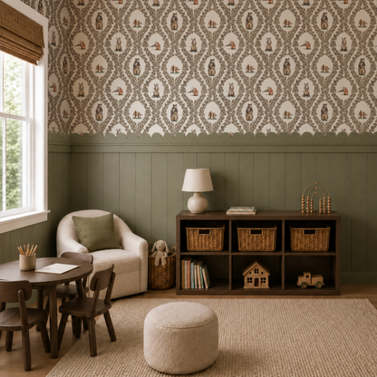 Woodland animal wallpaper with brown leaves in a cozy traditional playroom with wainscoting with a scalloped top painted in green. 