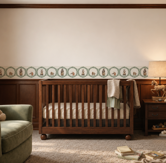 A dark wood crib with a mattress and a folded blanket, set in a styled nursery with a patterned wallpaper border, wood wainscoting, a green armchair, and a bedside table with a lamp.