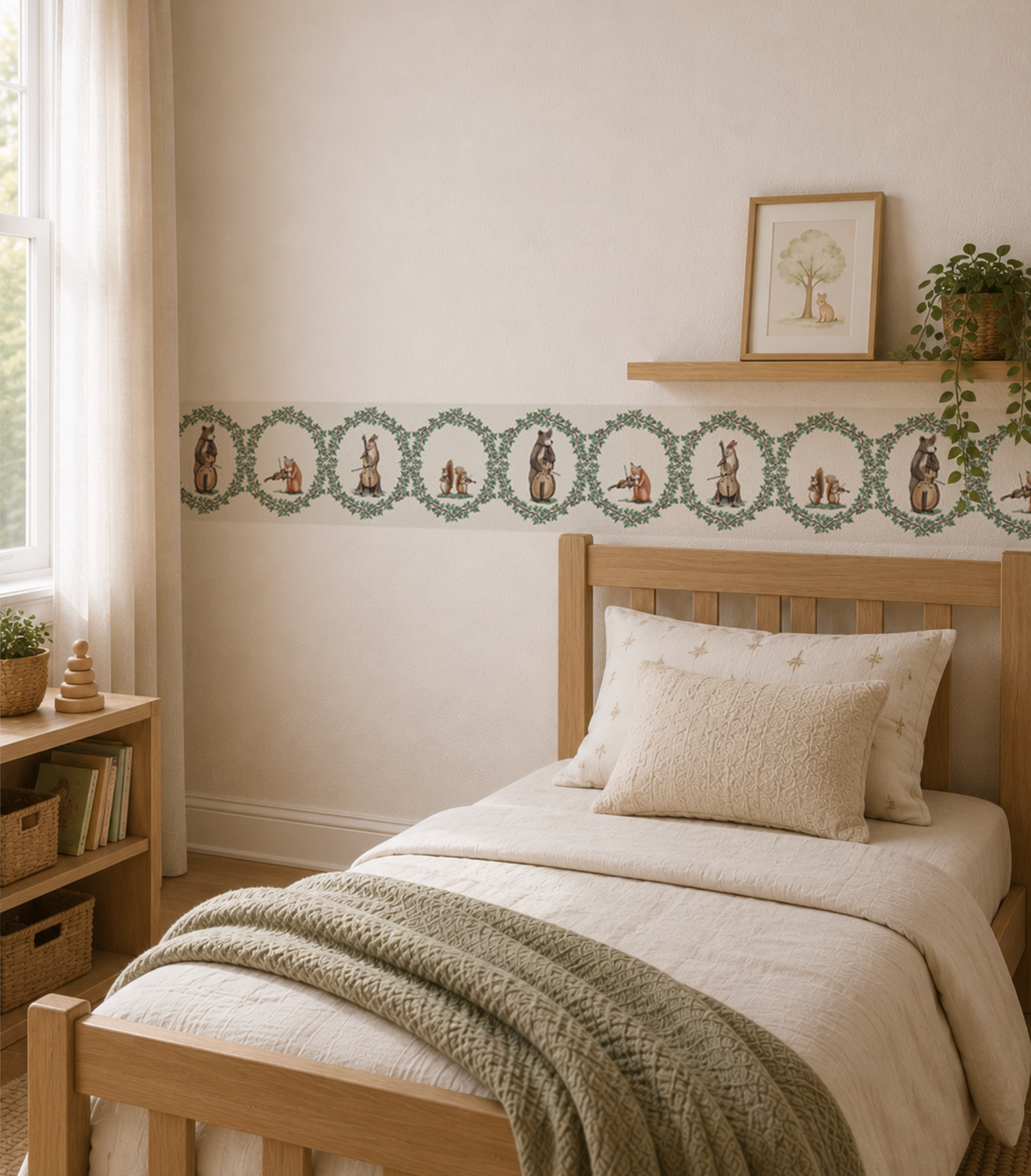 Traditional kids room with wooden bed frame and white wall with the added character of a woodland lullaby wallpaper border in forest green. 