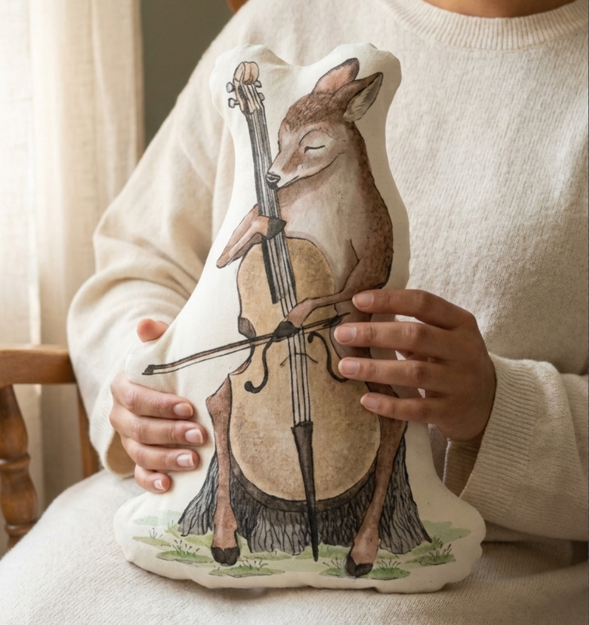 Deer Playing Cello Shaped Pillow