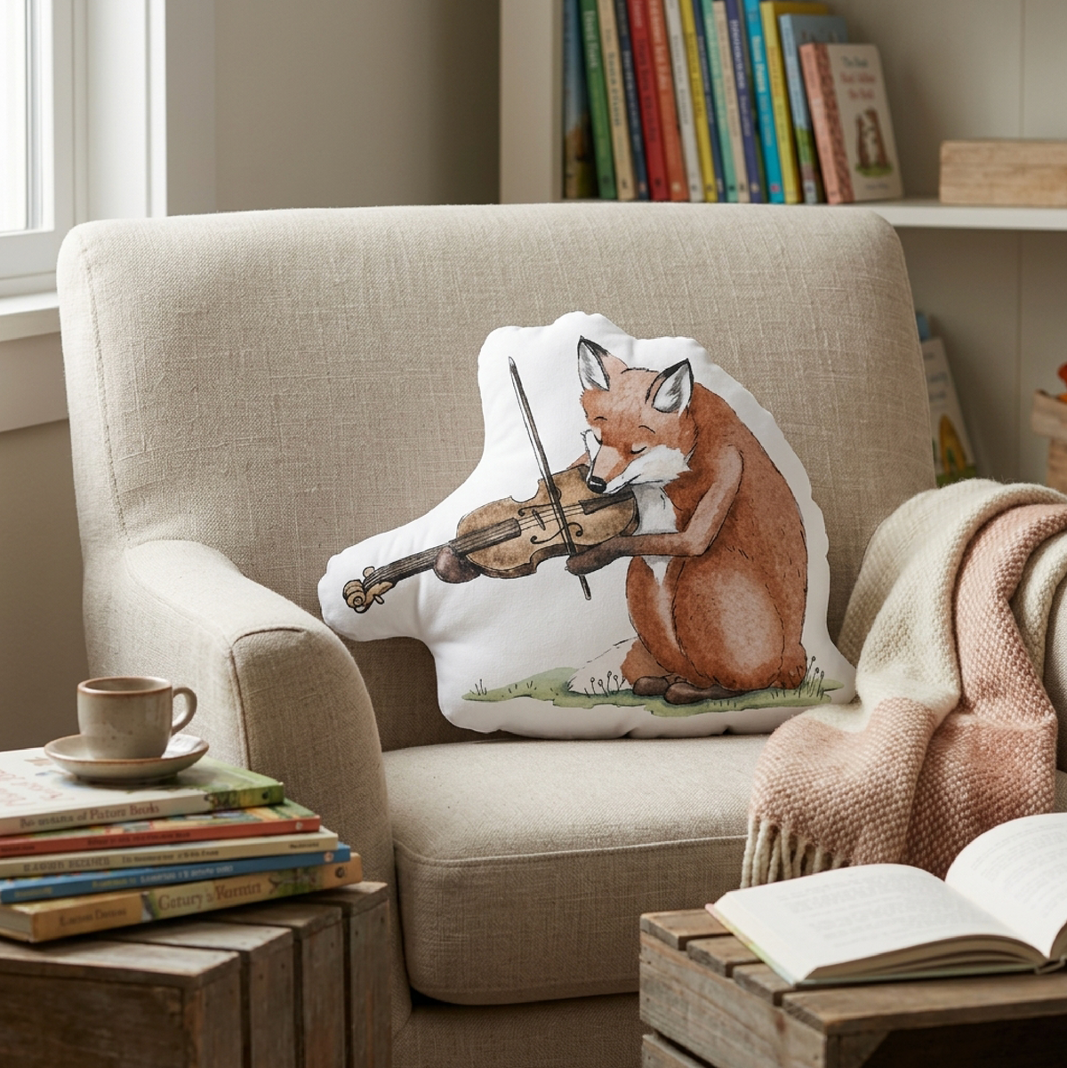 Fox Playing Viola shaped pillow